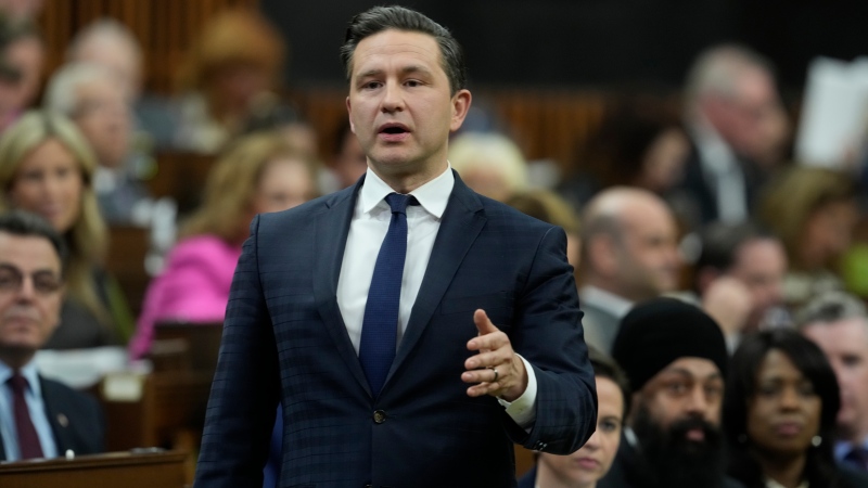 Conservative leader Pierre Poilievre speaks in the House of Commons in Ottawa on Tuesday, April 16, 2024. THE CANADIAN PRESS/Adrian Wyld