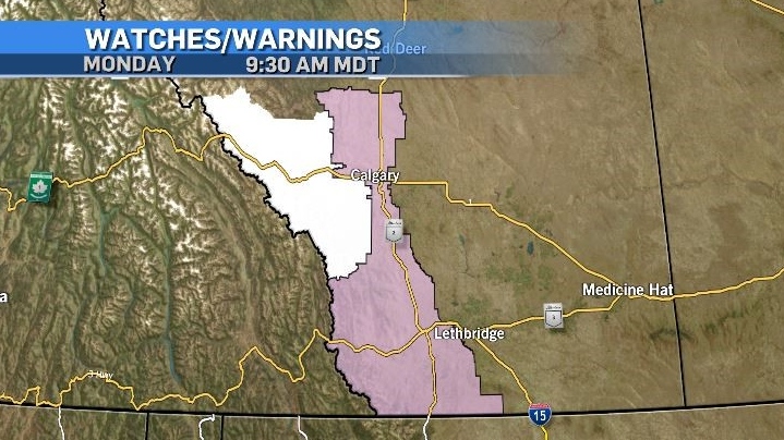 Winter-like weather in southern Alberta prompted Environment and Climate Change Canada to issue a large special weather statement (pink) and snowfall warnings (white) on Monday, April 29, 2024.