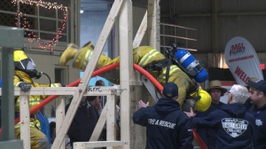 Volunteer firefighters compete in obstacle courses during the North Shore Firefighter Challenge in Iron Bridge, Ont. April 28, 2024 (Cory Nordstrom/CTV Northern Ontario)