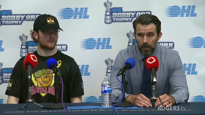 North Bay head coach Ryan Oulahen in post game news conference. April 28, 2024 (OHL)