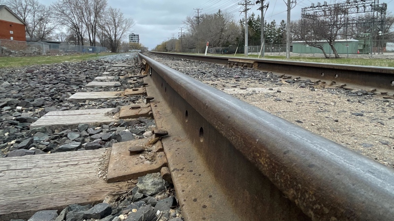 Train tracks near the 2400 block of Pembina Highway in Winnipeg are pictured on April 29, 2024 (Jamie Dowsett/CTV News Winnipeg)