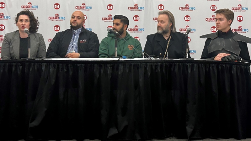 Ivona Reis, from left, Mohammad Qazzaz, Pardeep Sooch, James Reckseidler and Chase Cardinal during the 'How to get into the motion picture industry in Alberta' panel at the Calgary Expo on Sunday. (Courtesy: local filmmaker Sebastian Salazar)