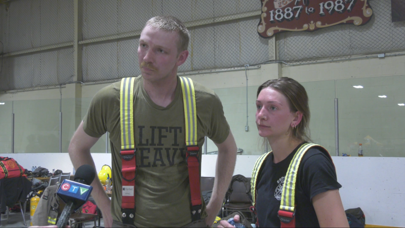 Volunteer firefighters Jamie Ames and Shelby Clairmont from Espanola discuss the North Shore Firefighter Challenge. April 28, 2024 (Cory Nordstrom/CTV Northern Ontario)