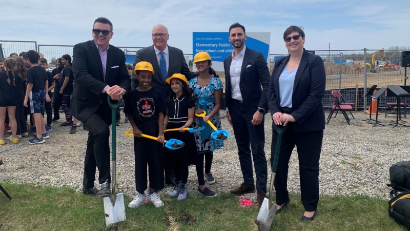 A sod turning ceremony was held at 2770 Buroak Dr. in London, Ont. to mark construction of a new school on April 29, 2024. Elgin-Middlesex MPP Rob Flack, Ontario Minister of Education Stephen Lecce and Thames Valley District School Board Chair Beth Mai were in attendance. (Reta Ismail/CTV News London)