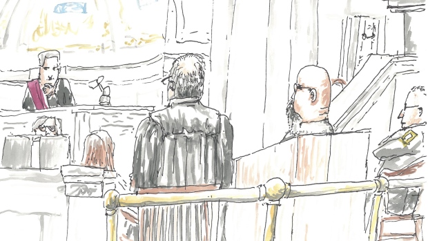 A court sketch from the first day of the Jeremy Skibicki trial on April 29, 2024. (Submitted/James Culleton)