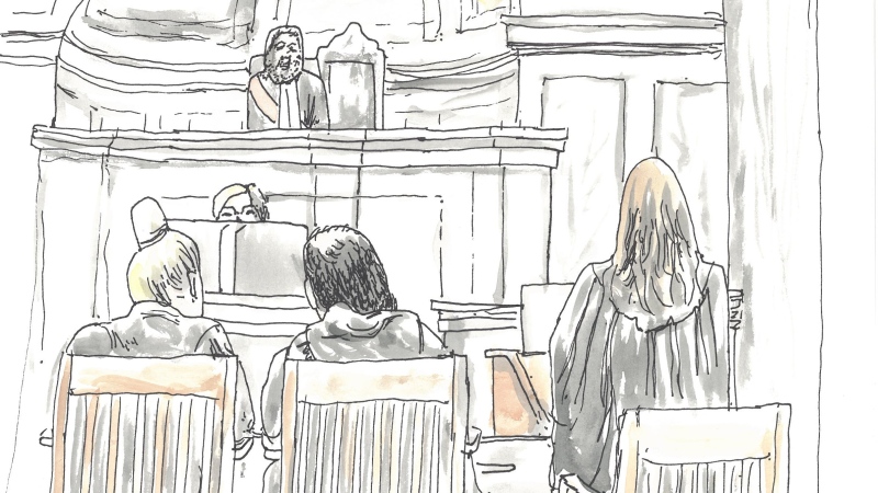 A courtroom sketch from the first day of the Jeremy Skibicki trial in Winnipeg on April 29, 2024. (Supplied/James Culleton)
