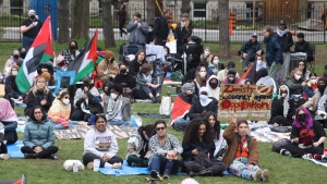 Pro-Palestinian supporters take part in a sit-in at the University of Ottawa, in Ottawa on Monday, April 29, 2024. (Patrick Doyle/THE CANADIAN PRESS)