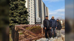 Thorncliffe Park tenants Jawad Ukani, left, M. Khan, and Iqbal Dar have been on a rent strike for a year in protest of above-guideline rental increases proposed by their landlord. (Joanna Lavoie/CP24)