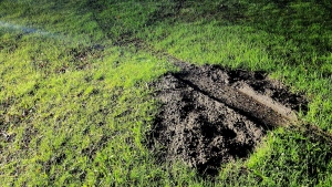 Damage found at Canatra Park after police were called for an SUV driving on the grass. April 29, 2024. (Source: Sarnia police)