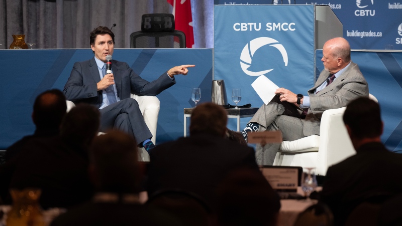 Prime Minister Justin Trudeau responds to a question from CBTU Executive Director Sean Strickland during an event at Canada's Building Trade Union conference, Monday, April 29, 2024 in Gatineau, Quebec. (Source: THE CANADIAN PRESS/Adrian Wyld)