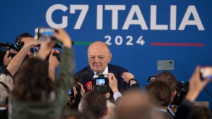 Italy's Environment and Energy Security Minister Gilberto Pichetto Fratin talks during the G7 Climate, energy and environment press conference in Turin, Italy, Tuesday, April 30, 2024. (Alberto Gandolfo/LaPresse via AP)