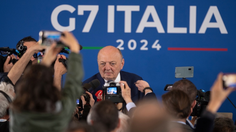 Italy's Environment and Energy Security Minister Gilberto Pichetto Fratin talks during the G7 Climate, energy and environment press conference in Turin, Italy, Tuesday, April 30, 2024. (Alberto Gandolfo/LaPresse via AP)