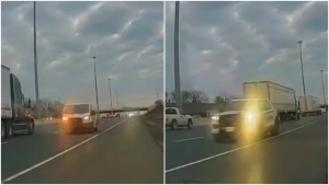 A wrong-way police chase on Highway 401 in Whitby, Ont., captured on a driver's dashcam on April 29, 2024.