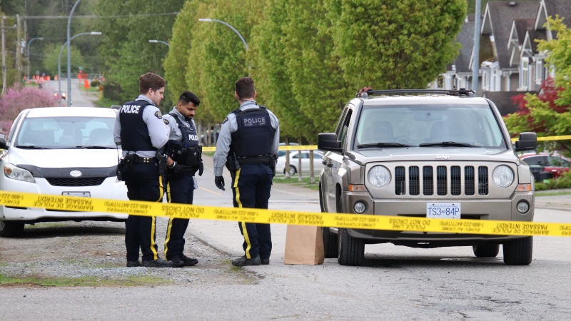 Police investigate after a man was found shot near 204 Street and 68 Avenue in the Willoughby neighbourhood of Langley, B.C., on April 30, 2024. 