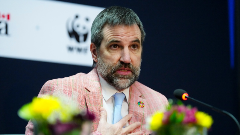 Minister of Environment and Climate Change Steven Guilbeault speaks during a press conference at the fourth session of the Intergovernmental Negotiating Committee (INC-4) in Ottawa on Monday, April 22, 2024. THE CANADIAN PRESS/Sean Kilpatrick 