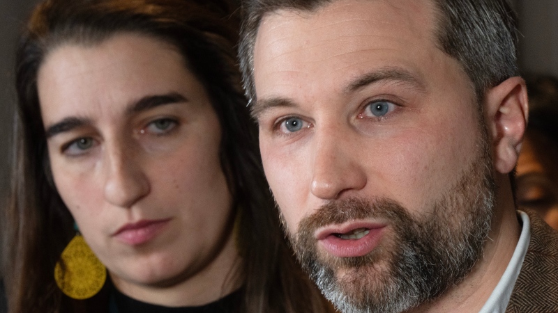 Quebec Solidaire co-spokes people Gabriel Nadeau-Dubois and Emilise Lessard-Therrien speak to the media after the party's caucus meeting Thursday, January 25, 2024 in Laval, Que.. (Ryan Remiorz, The Canadian Press)