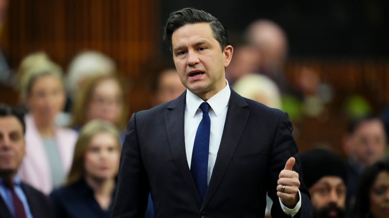 Conservative Leader Pierre Poilievre rises during during question period in the House of Commons on Parliament Hill in Ottawa on Monday, April 29, 2024. THE CANADIAN PRESS/Sean Kilpatrick 