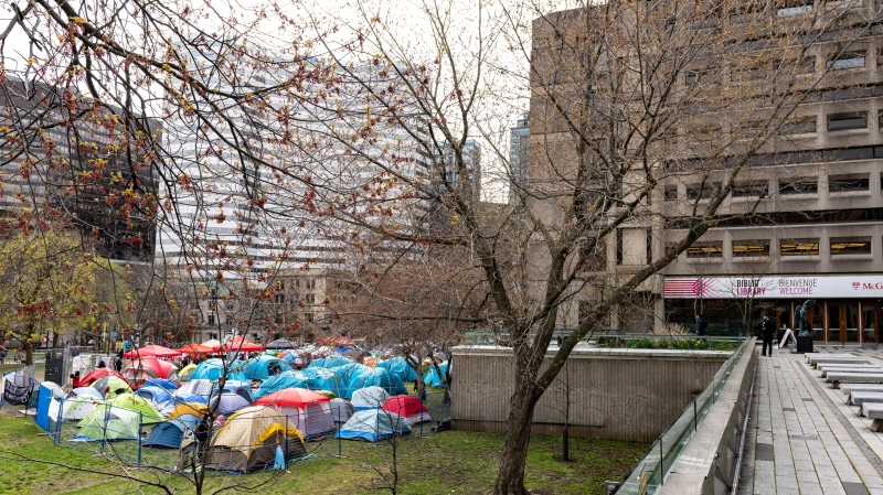 An encampment set up by pro-Palestinian student activists is seen on McGill University campus in Montreal, Monday, April 29, 2024. (Christinne Muschi/The Canadian Press)