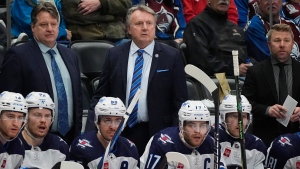 Winnipeg Jets head coach Rick Bowness in the second period of Game 4 of an NHL Stanley Cup first-round playoff series Sunday, April 28, 2024, in Denver. (AP Photo/David Zalubowski)
