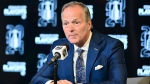 Head coach Jon Cooper of the Tampa Bay Lightning answers questions at a press conference after 5-3 loss against the Florida Panthers in Game Three of the First Round of the 2024 Stanley Cup Playoffs at Amalie Arena on April 25, 2024 in Tampa, Florida. (Photo by Julio Aguilar/Getty Images)
