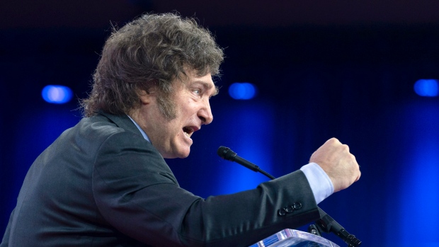 Argentina's President Javier Milei speaks during the Conservative Political Action Conference, CPAC 2024, at the National Harbor, in Oxon Hill, Md., Feb. 24, 2024. (AP Photo/Jose Luis Magana, File)