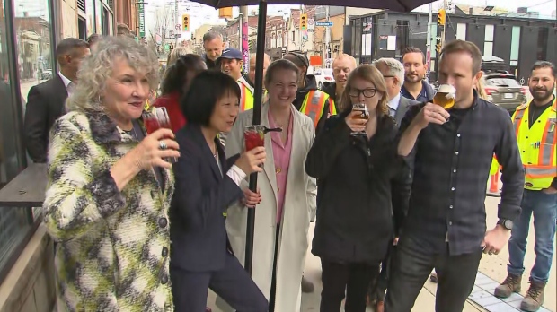 Coun. Paula Fletcher, Mayor Olivia Chow join representatives from the Riverside District BIA and Eastbound Brewing Company on April 30 for a toast to a successful 2024 CafeTO season.