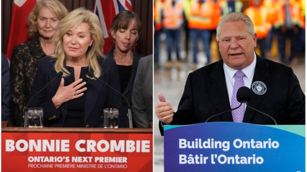 Ontario Liberal Leader Bonnie Crombie talks to the media at the Queens Park Legislature in Toronto on December 5, 2023; Ontario Premier Doug Ford speaks to the media during an announcement in Caledon, Ont., on Tuesday, April 30, 2024. THE CANADIAN PRESS/Chris Young, Cole Burston
