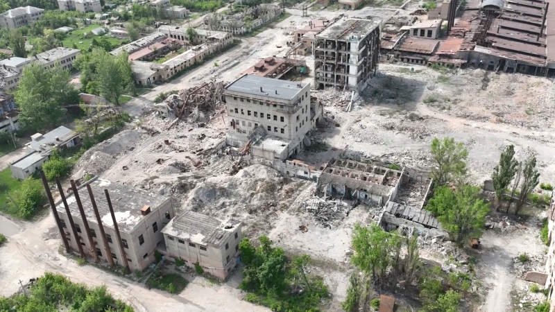 This photo taken from a drone video provided by Ukraine Patrol Police, shows devastation in Chasiv Yar, an eastern Ukrainian city Russia is assaulting, Ukraine, Monday, April 29, 2024. (Ukraine Patrol Police via AP) 