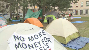 Students set up an encampment at the University of Ottawa to demand the university divest from financial ties to Israel on May 1, 2024. (James Fish/CTV News Ottawa)