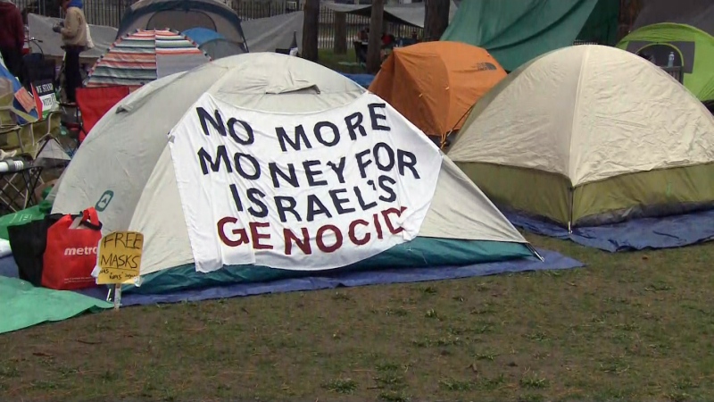 Students set up an encampment at the University of Ottawa to demand the university divest from financial ties to Israel on May 1, 2024. (James Fish/CTV News Ottawa)