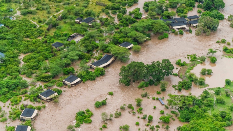 Aerial view of flooded Maasai Mara National Reserve, that left dozens of tourists stranded in Narok County, Kenya, Wednesday, May 1, 2024. (AP Photo/Bobby Neptune) 