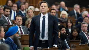 Leader of the Conservative Party Pierre Poilievre rises in response to the Speaker asking him to withdraw language during Question Period, Tuesday, April 30, 2024 in Ottawa. THE CANADIAN PRESS/Adrian Wyld