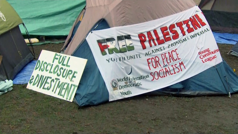 Students set up an encampment at the University of Ottawa to demand the university divest from financial ties to Israel on May 1, 2024. (James Fish/CTV News Ottawa) 