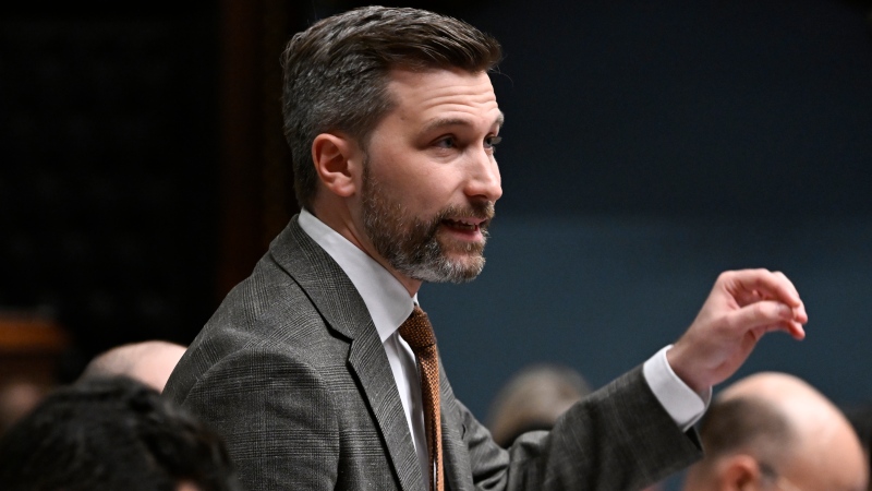 Quebec Solidaire Leader Gabriel Nadeau-Dubois questions the government during question period, Wednesday, March 27, 2024 at the legislature in Quebec City. (Jacques Boissinot/The Canadian Press)