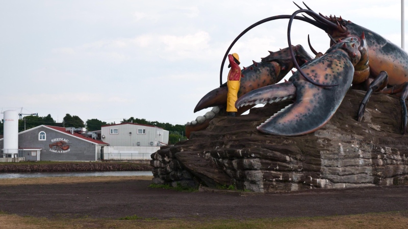 The worlds biggest lobster sits not far from the Shediac Lobster shop (background) where fisherman have been protesting the purchase of Maine lobster for a cheaper price, in Shediac, N.B., Thursday, Aug.9, 2012. THE CANADIAN PRESS/Marc Grandmaison 