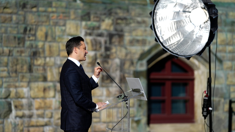 Conservative Leader Pierre Poilievre holds a press conference on Parliament Hill in Ottawa on Tuesday, April 16, 2024. THE CANADIAN PRESS/Sean Kilpatrick