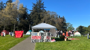 The pro-Palestinian encampment at the University of Victoria on Wednesday, May 1, 2024. (CTV News)