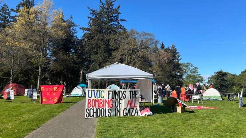 The pro-Palestinian encampment at the University of Victoria on Wednesday, May 1, 2024. (CTV News)