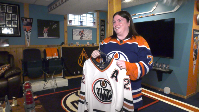 Tina Duncan in her Oilers fan cave. (Sean McClune/CTV News Edmonton)
