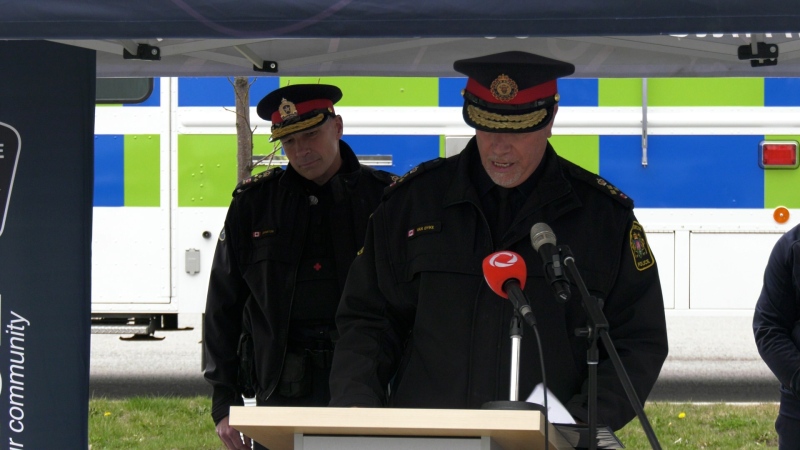 South Simcoe Police Chief John Van Dyke (right) and Barrie Police Chief Rich Johnston (left) announce the partnership between both police services to combat auto thefts on May 1, 2024 (Christian D'Avino/CTV News). 