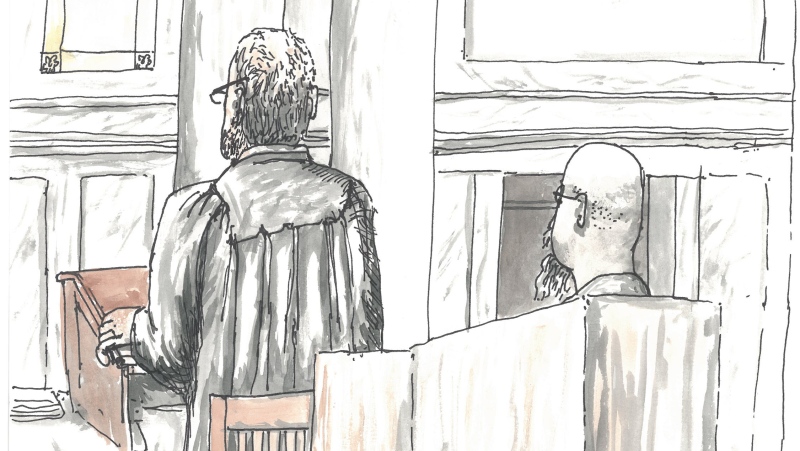 Defence lawyer Leonard Tailleur, left, and the accused Jeremy Skibicki are shown in this courtroom sketch in Winnipeg on Monday, April 29, 2024. (THE CANADIAN PRESS/James Culleton POOL)