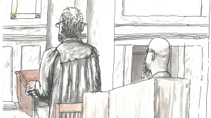 Defence lawyer Leonard Tailleur, left, and the accused Jeremy Skibicki are shown in this courtroom sketch in Winnipeg on Monday, April 29, 2024. (THE CANADIAN PRESS/James Culleton POOL)