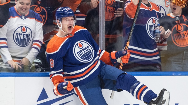 Edmonton Oilers' Zach Hyman (18) celebrates a goal against the Los Angeles Kings during second period of Game 1 first round NHL Stanley Cup playoff hockey action in Edmonton on April 22, 2024. (Jason Franson)