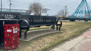The red recycling bins are one of the many projects Yorkton Business Improvement District (YBID) has contributed to downtown over the years. (Sierra D'Souza Butts / CTV News) 