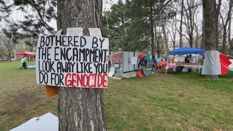 Students set up an encampment at the University of Ottawa to demand the university divest from financial ties to Israel on May 1, 2024. (Dave Charbonneau/CTV News Ottawa) 