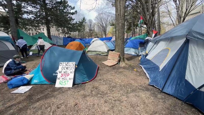 Students set up an encampment at the University of Ottawa to demand the university divest from financial ties to Israel on May 1, 2024. (Dave Charbonneau/CTV News Ottawa) 