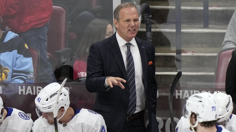 Tampa Bay Lightning head coach Jon Cooper calls out to players during a game against the Florida Panthers on April 23, 2024. (Wilfredo Lee/AP Photo)