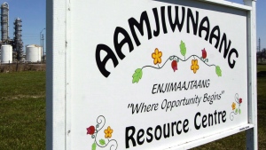 A sign for the Aamjiwnaang First Nation Resource Centre is shown in Sarnia, Ont., on April 21, 2007. (Source: THE CANADIAN PRESS/Craig Glover)