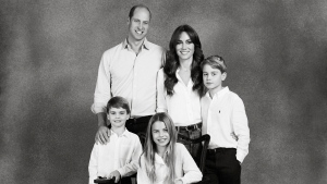Prince William and Kate, Princess of Wales, with their three children Prince George, Princess Charlotte and Prince Louis are seen in an undated photo used on the family's 2023 Christmas card. (Josh Shinner/Kensington Palace via AP)