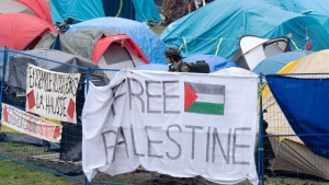 Pro-Palestinian activists at their encampment on the McGill University campus in Montreal, Wednesday, May 1, 2024. THE CANADIAN PRESS/Ryan Remiorz